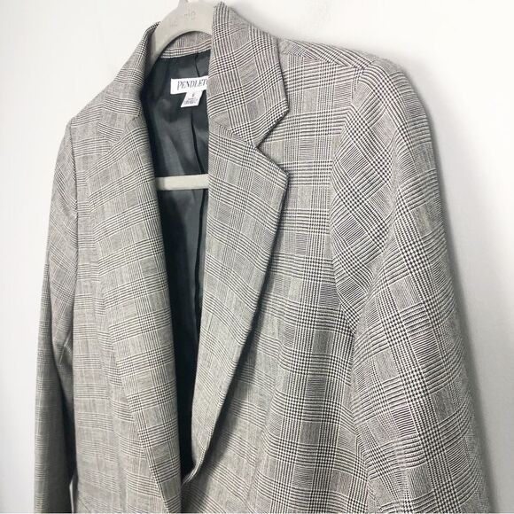 PENDLETON | Black & White Plaid Button Front Virgin Wool Blazer Women’s Size 8 - Picture 2 of 9